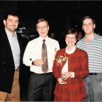 Mourad Mardikian (Fencing), Steve Dranitsaris (staff) and Provost Beth Hopkins at the 1996 Varsity Athletics Banquet