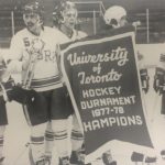 An old photo of a York Men\'s Hockey Team holding UofT Hockey Tournament 1977-79 Champions
