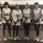 An old group photo of Women\'s tennis team on tennis court