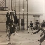 An old photo of female volleyball players in play