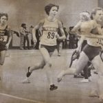 An old photo of female indoor track runners