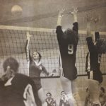 An old photo of female volleyball players in game