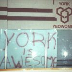 A photo of \"York is awesome\" sign on an ice rink glass
