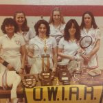 Women\'s Badminton Team with their trophies at OWIAA 1980-81