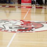 A shot of the indoor gym floor with the York Lions logo